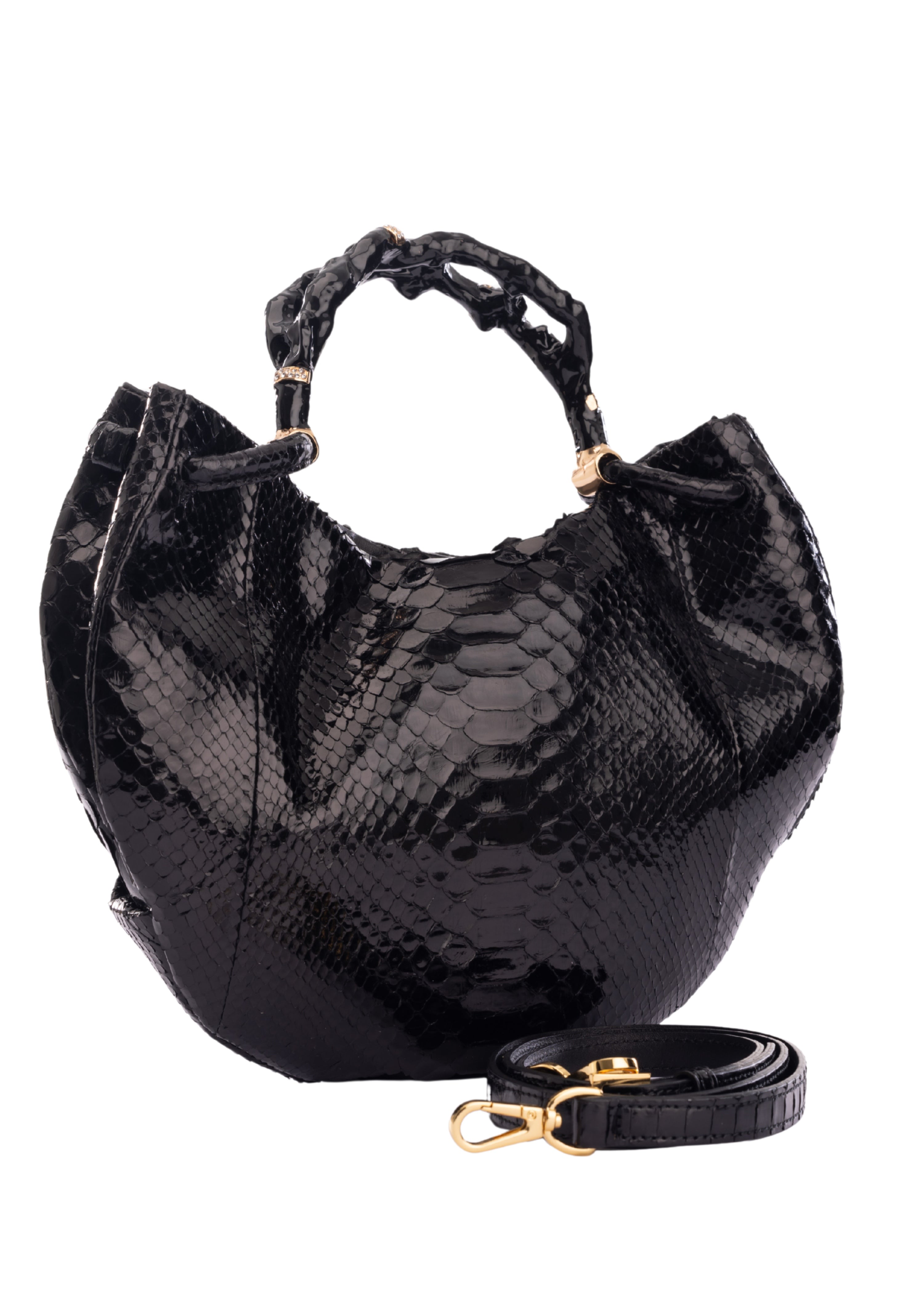 Black Kira Bamboo and Python Half Moon Handbag (8198)
