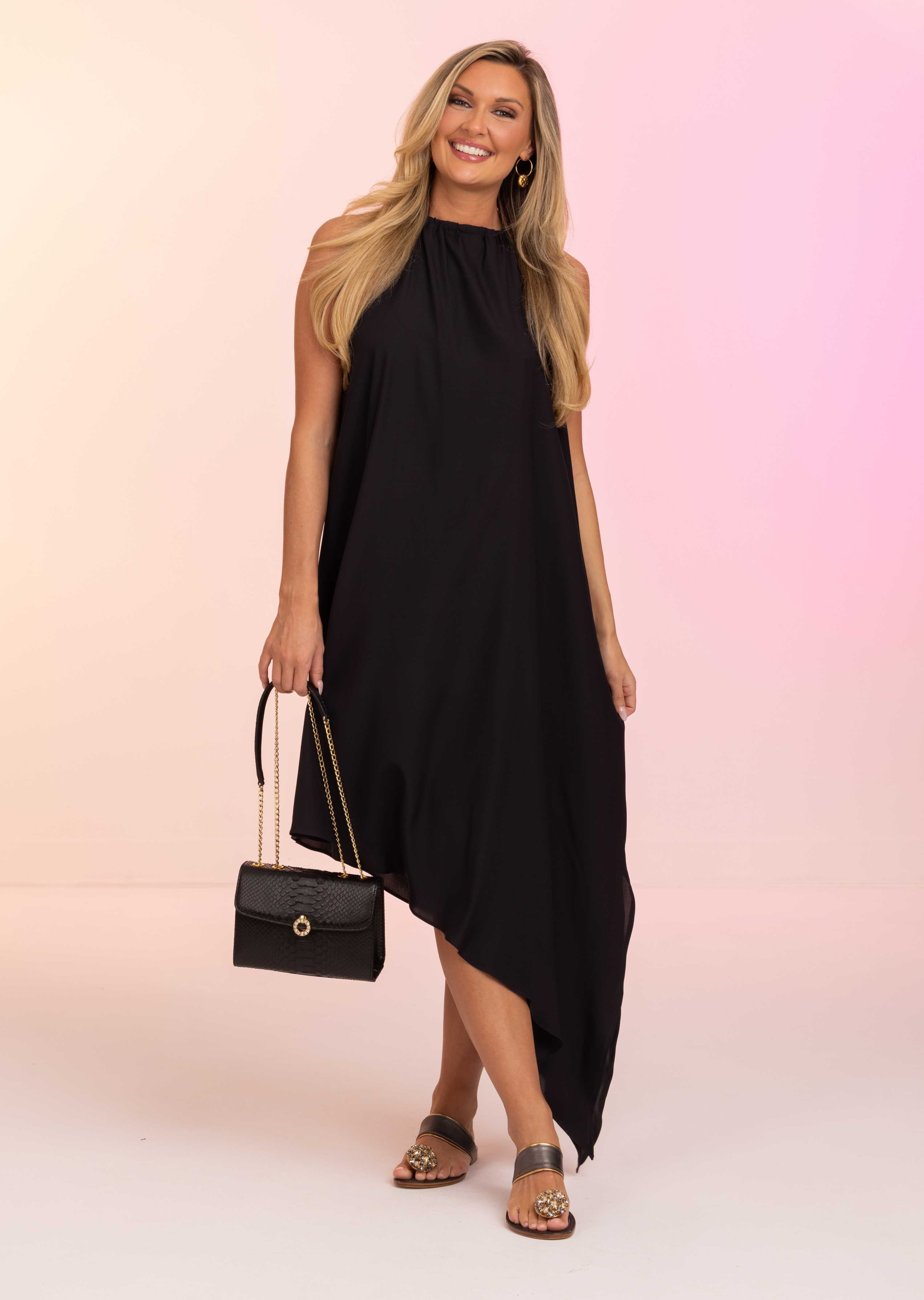Black Asymmetrical Solid Silk Dress (649)