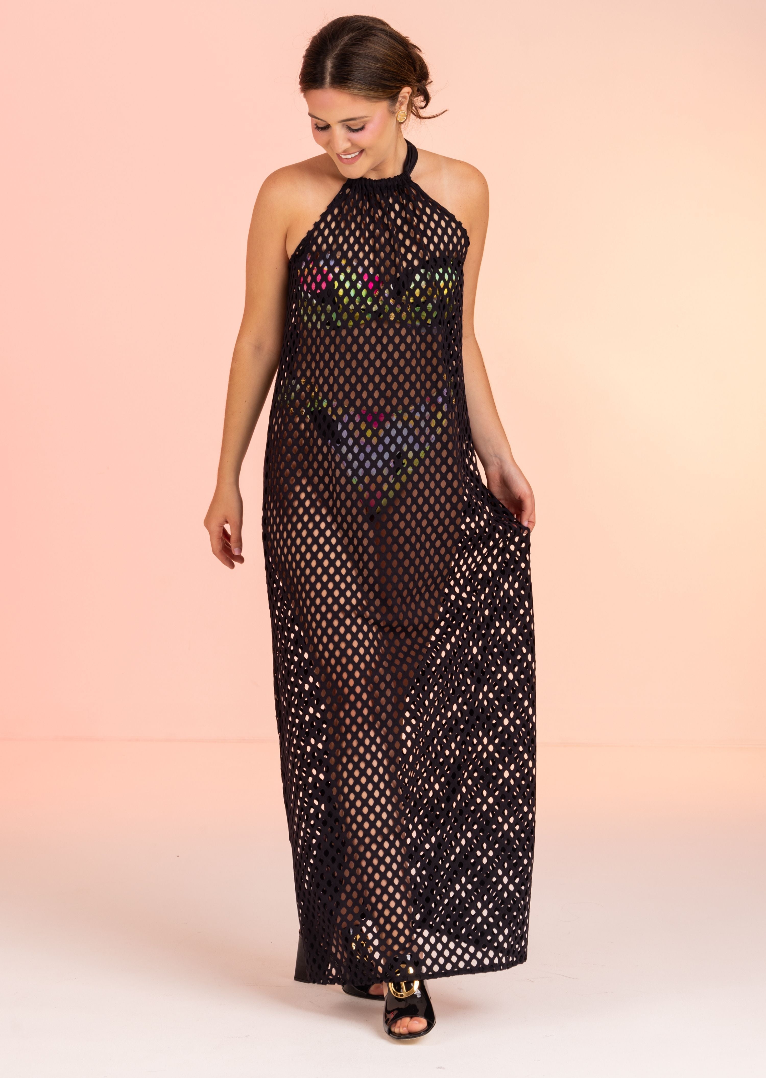 Black Long Mesh Halter Dress (439c)