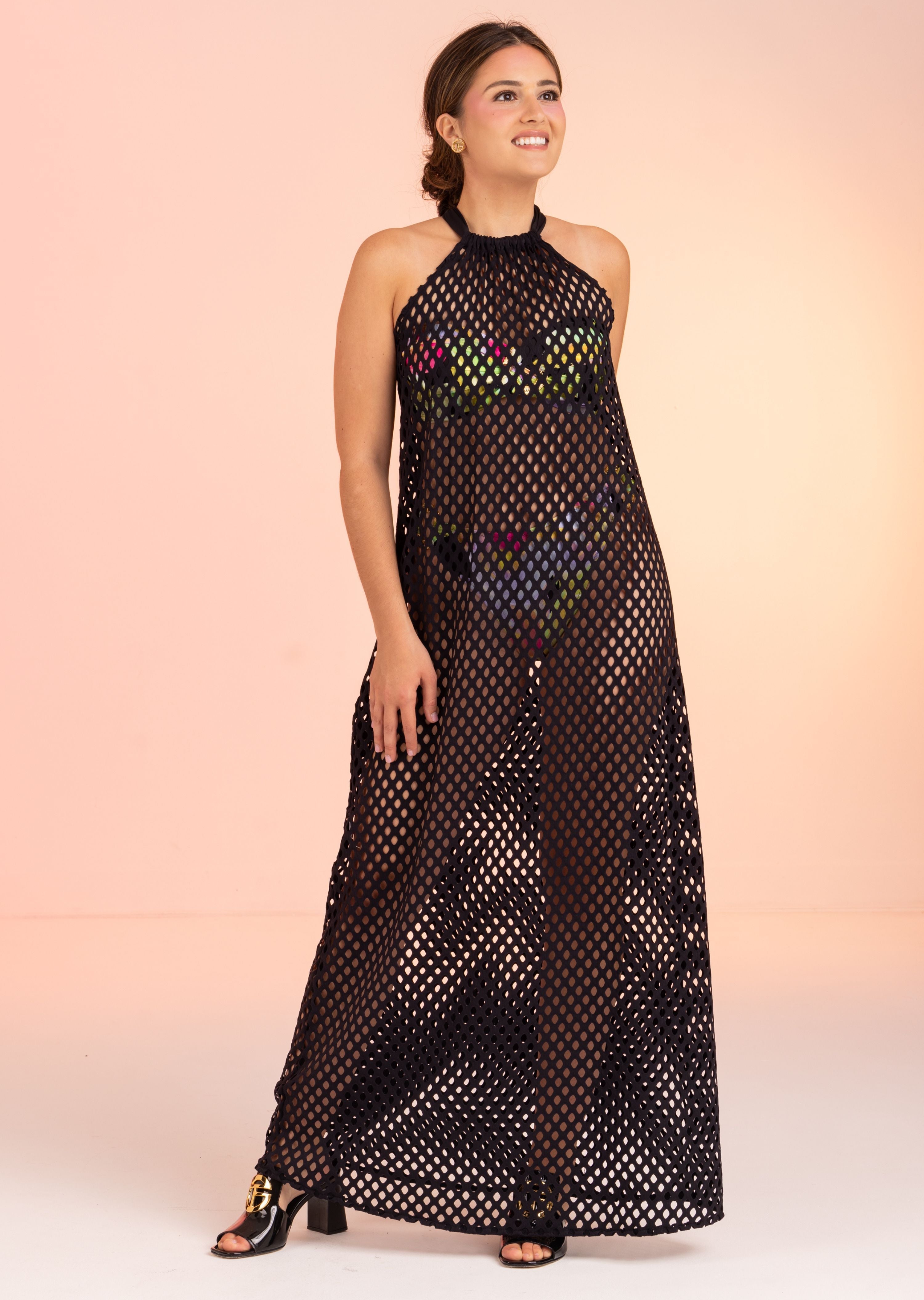 Black Long Mesh Halter Dress (439c)