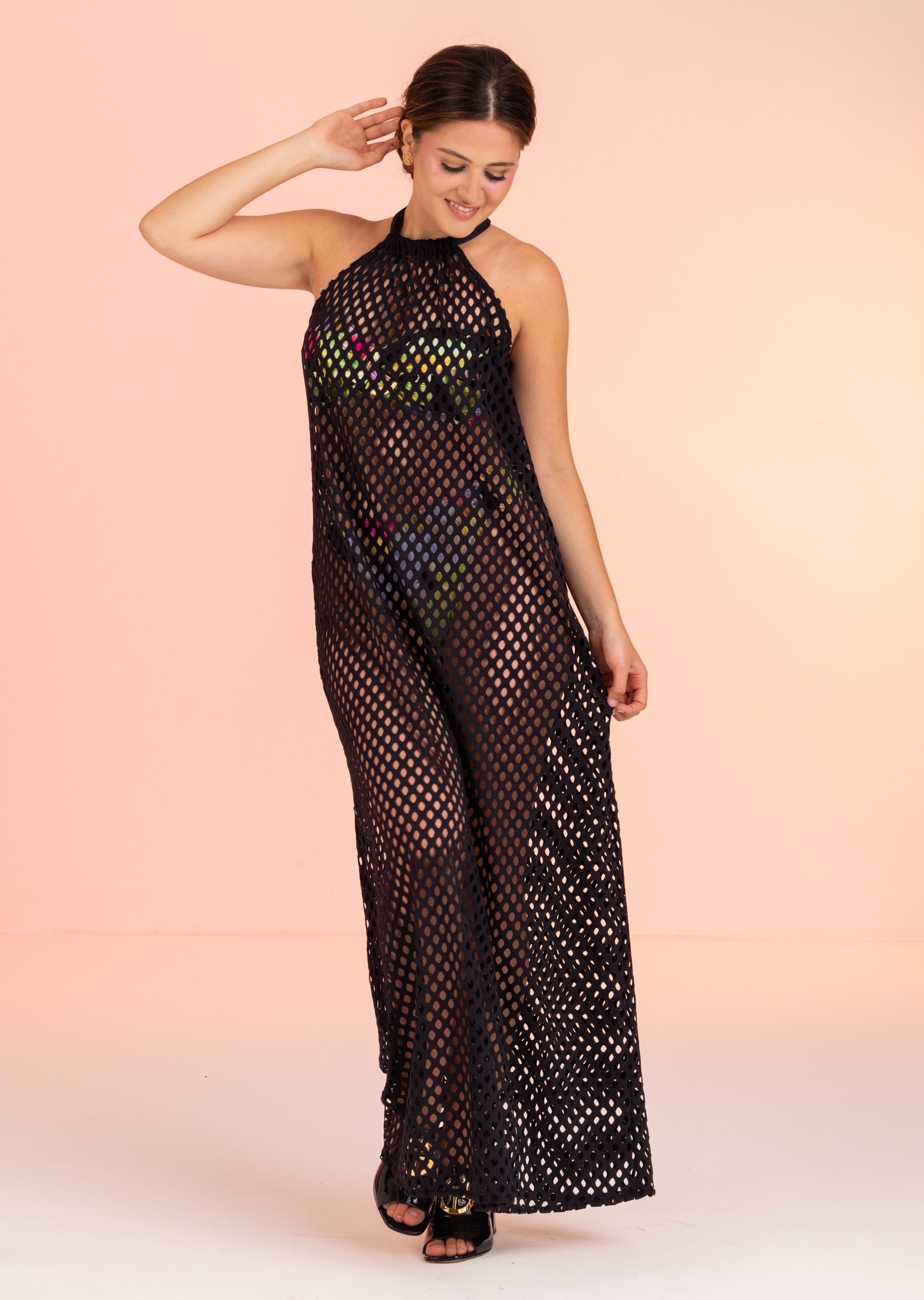Black Long Mesh Halter Dress (439c)
