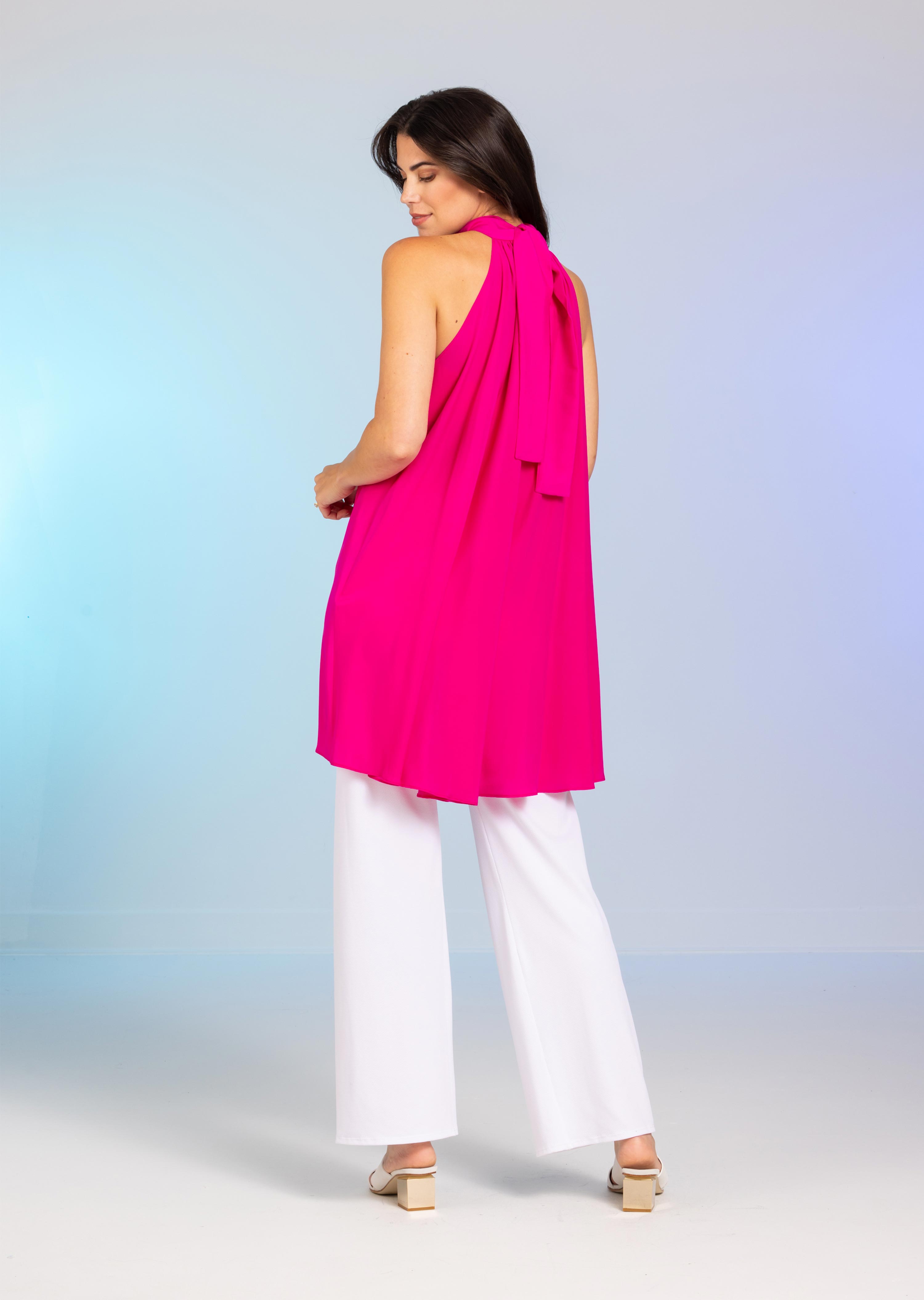 Pink Silk Tie Neck Split Front Top (CA-632)