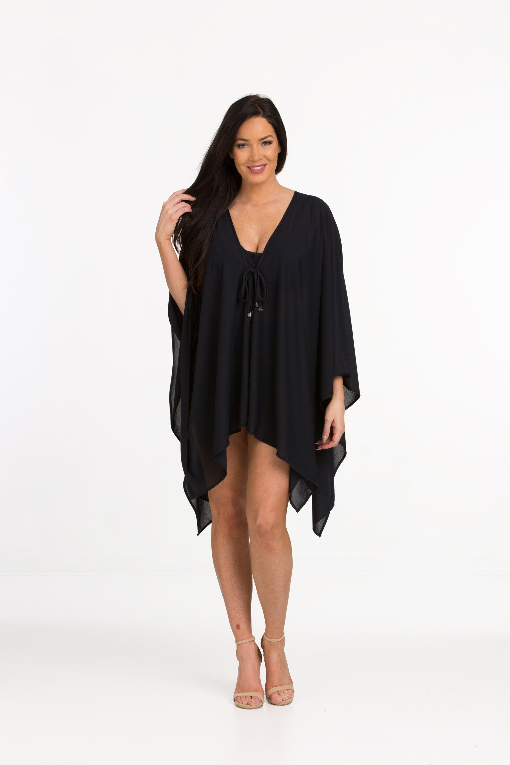 Black Nylon Kaftan with Front Tie (466)