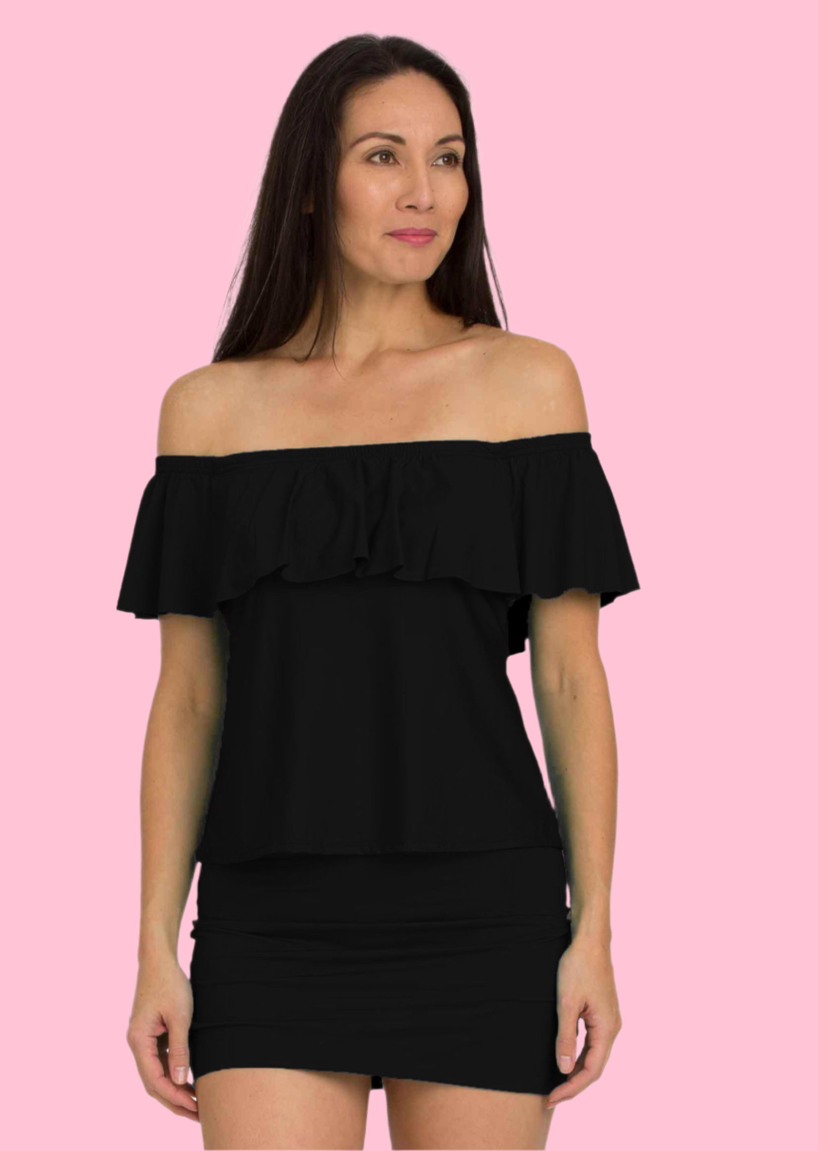 Black Off Shoulder Loose Fit Flounce Bandini (Style 176)