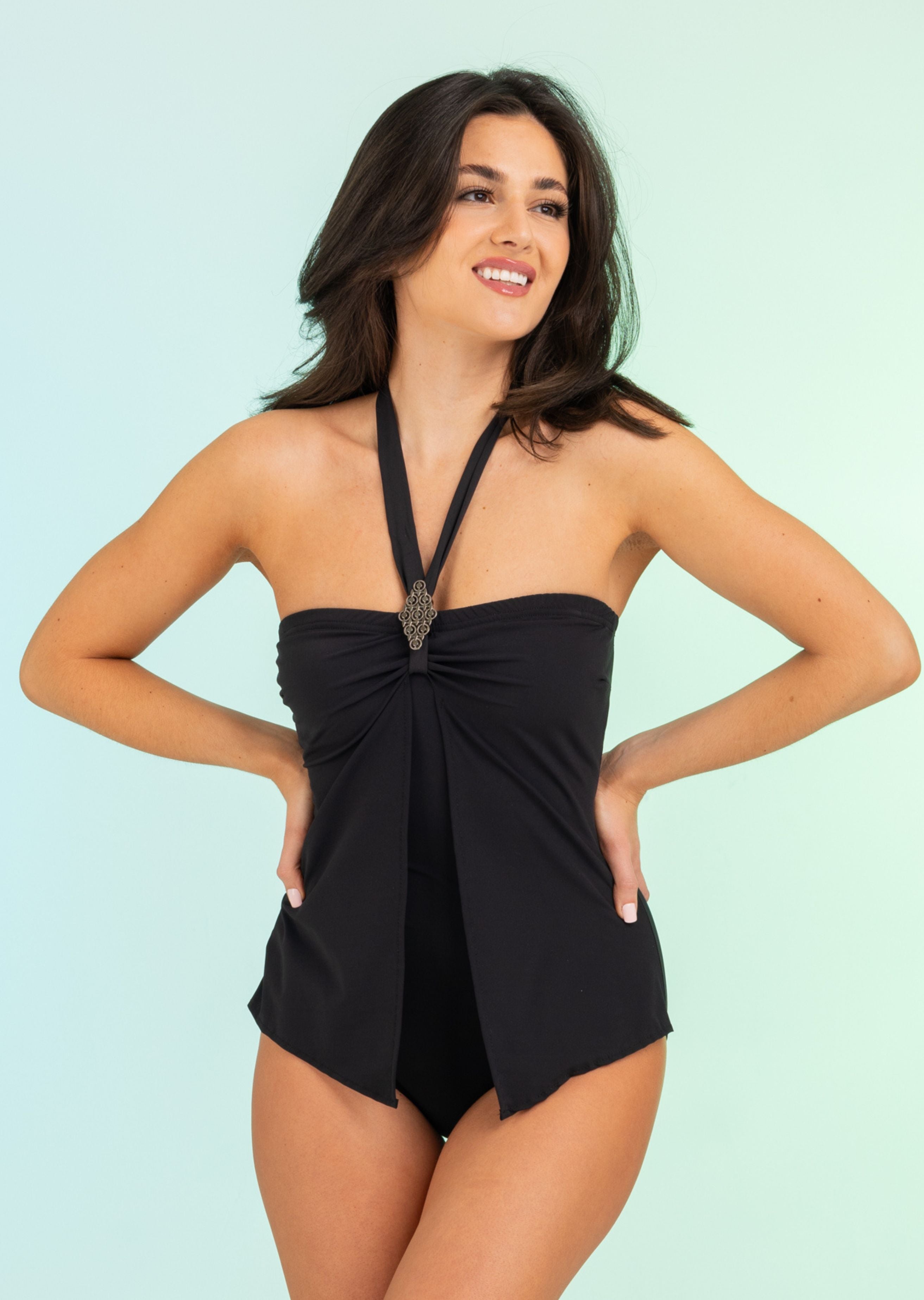 Black Strapless One Piece with Overlay Flap (344)