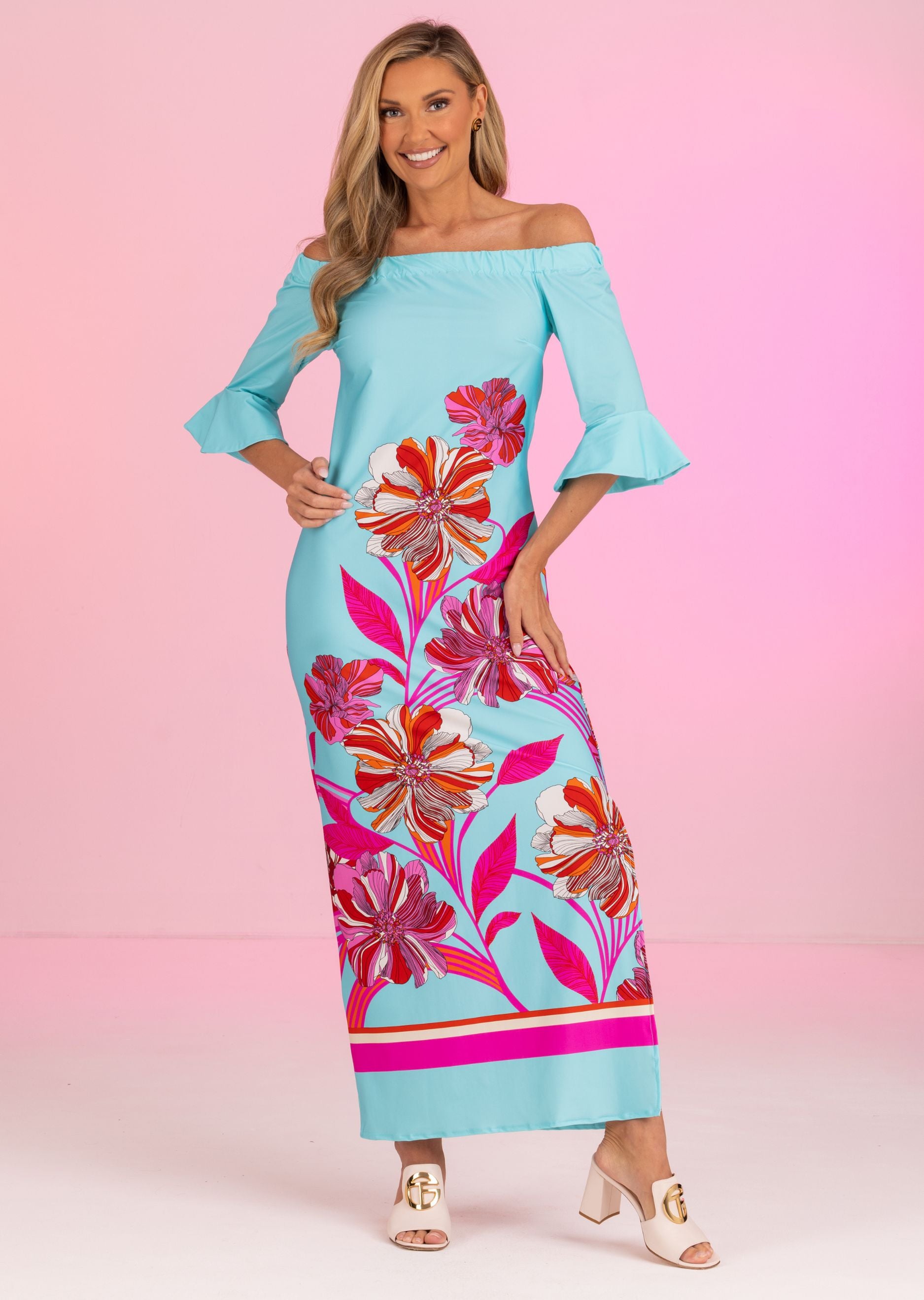 Menton Long Off Shoulder Dress with Bell Sleeve (MT-685)