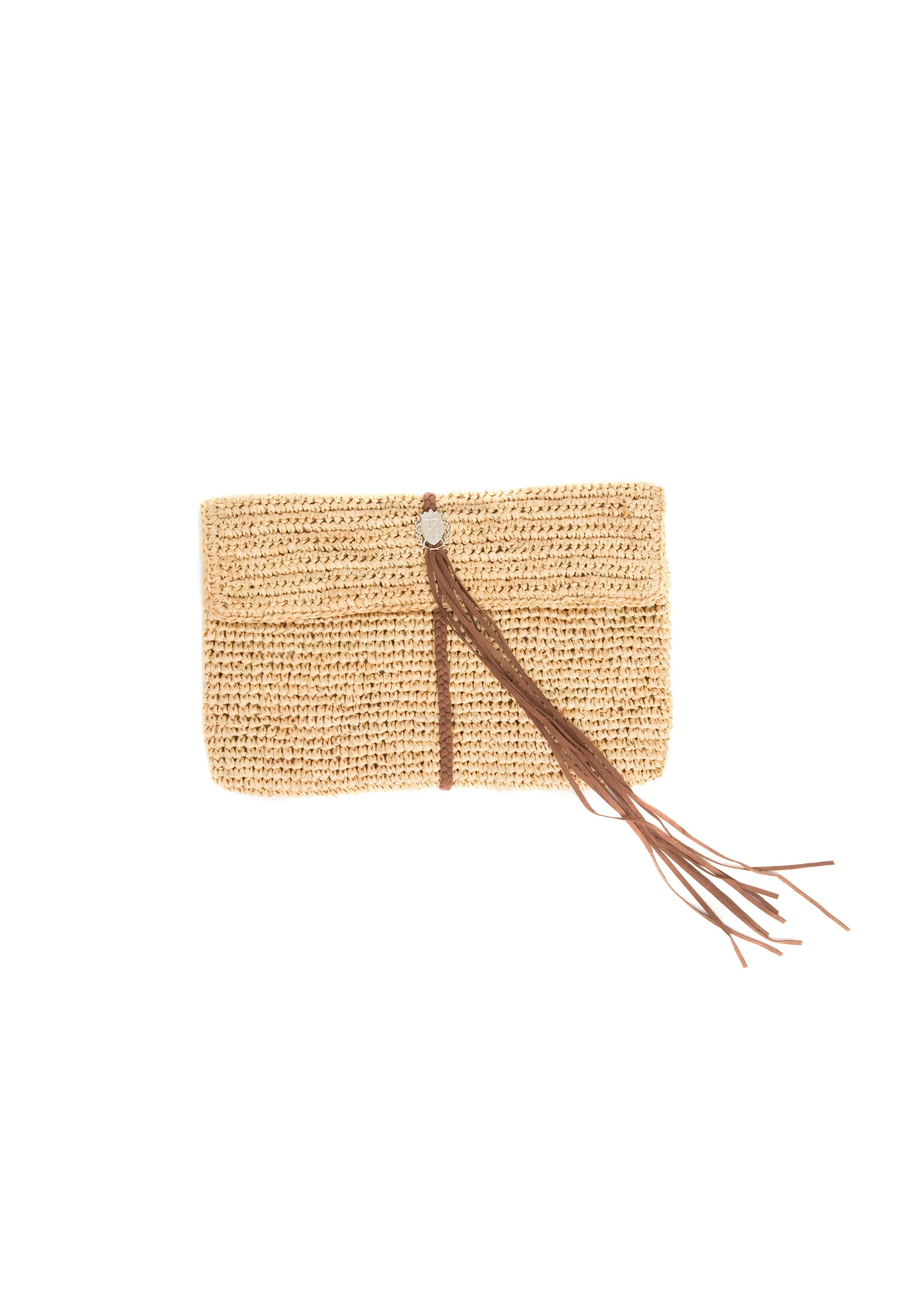 Raffia Envelope Clutch with Leather Braid Tassel