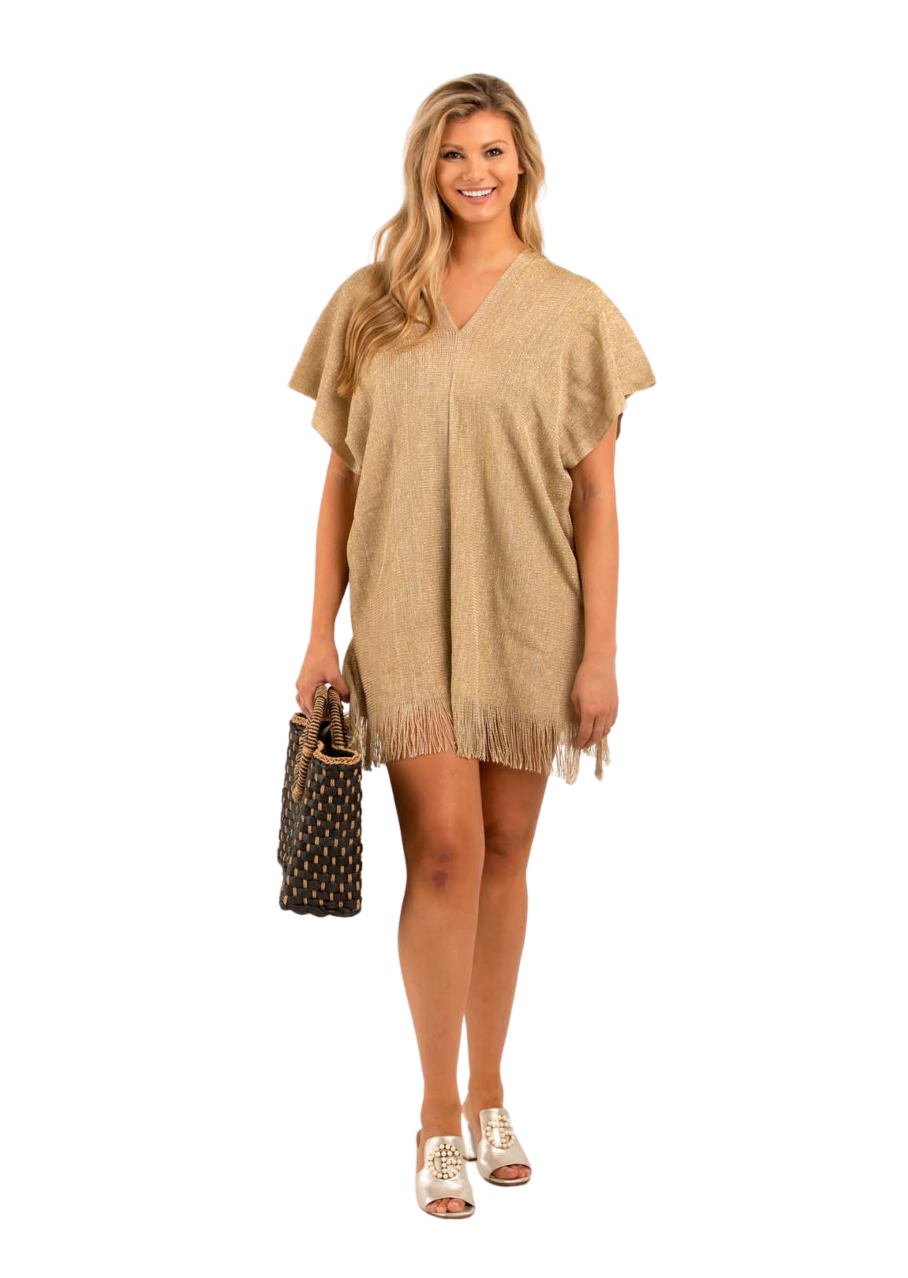 gold knitted kaftan with fringe