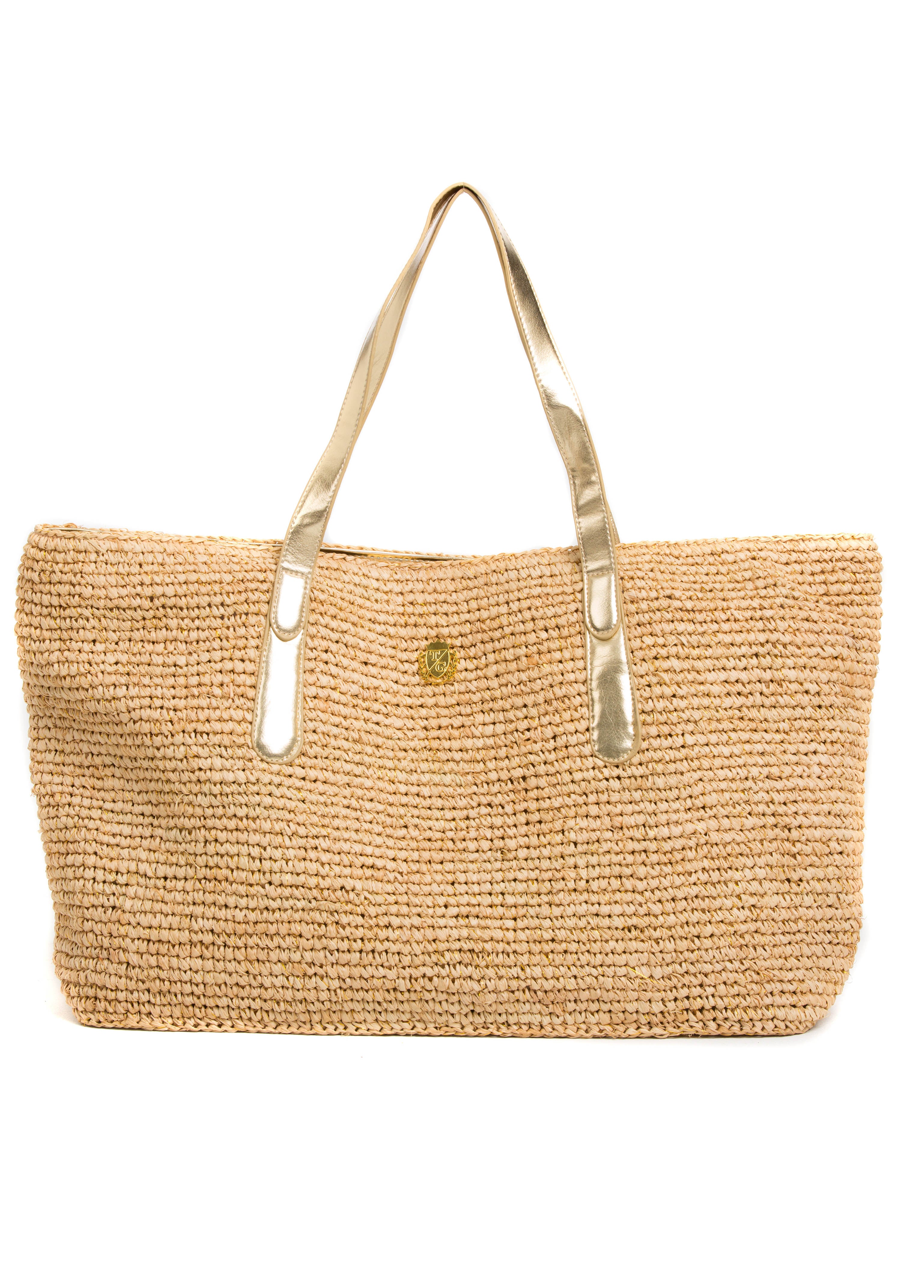 Raffia Shoulder Tote with Gold Strap