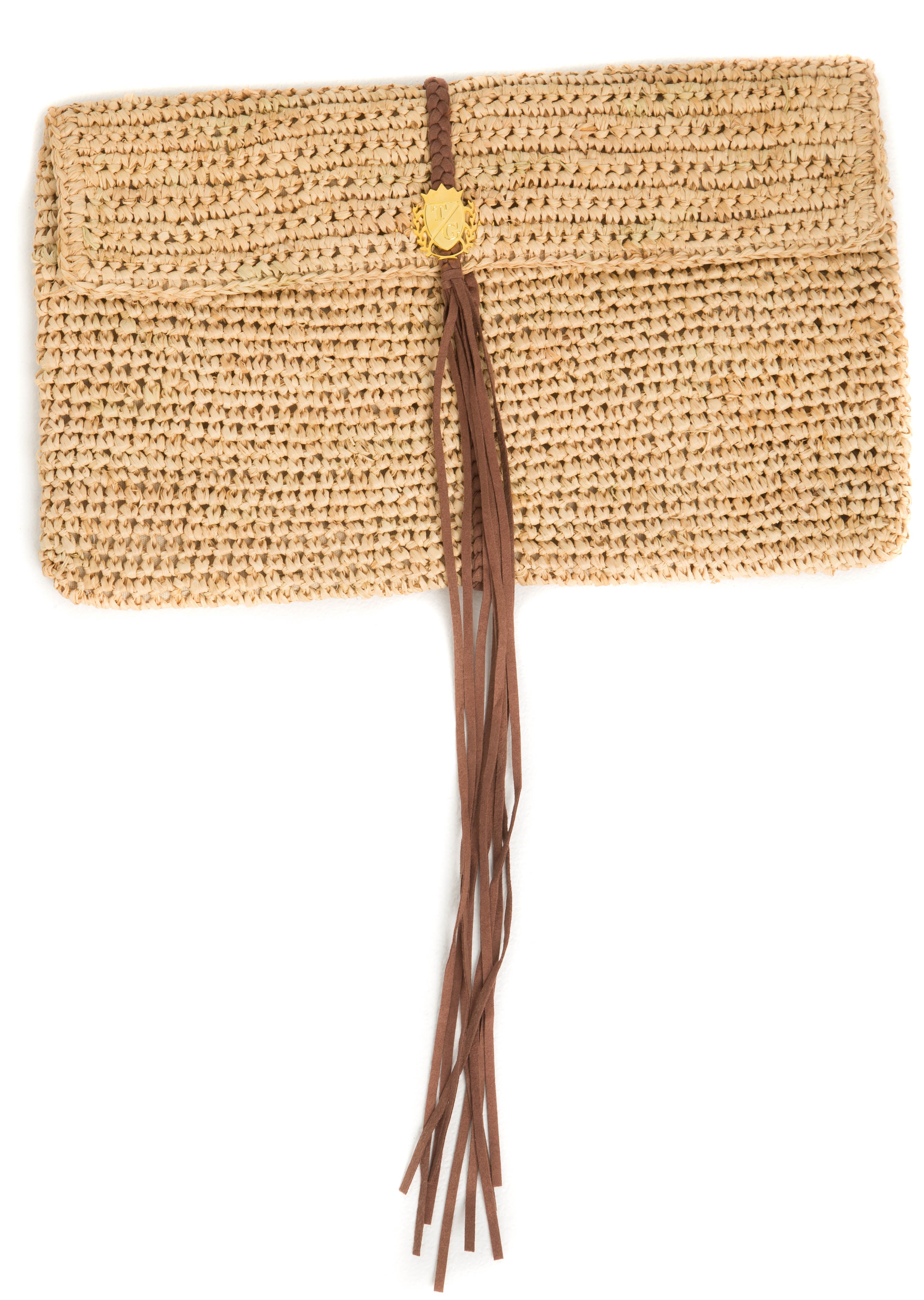 Raffia Envelope Clutch with Leather Braid Tassel