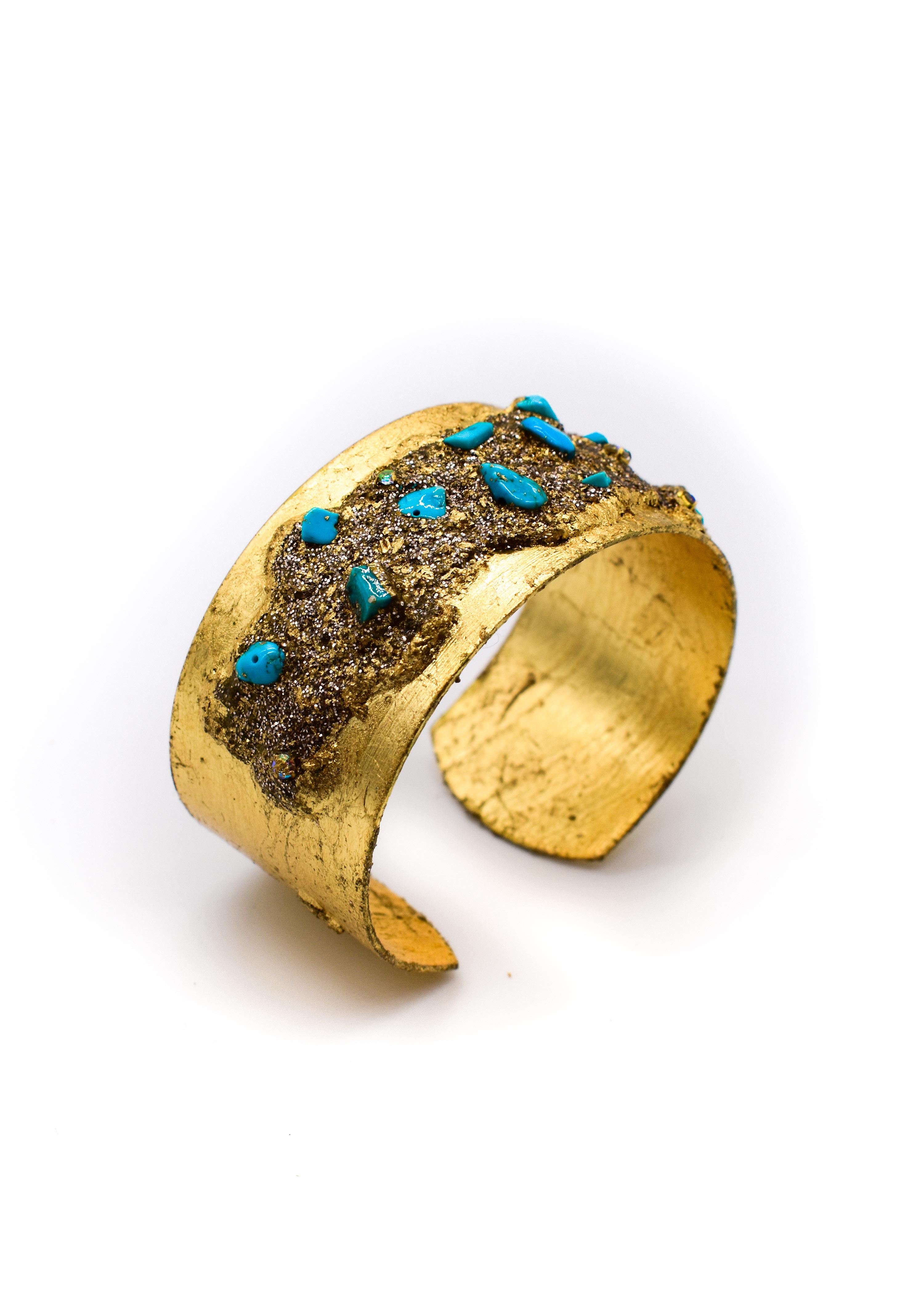 Turquoise Rock Stone and Brass Cuff