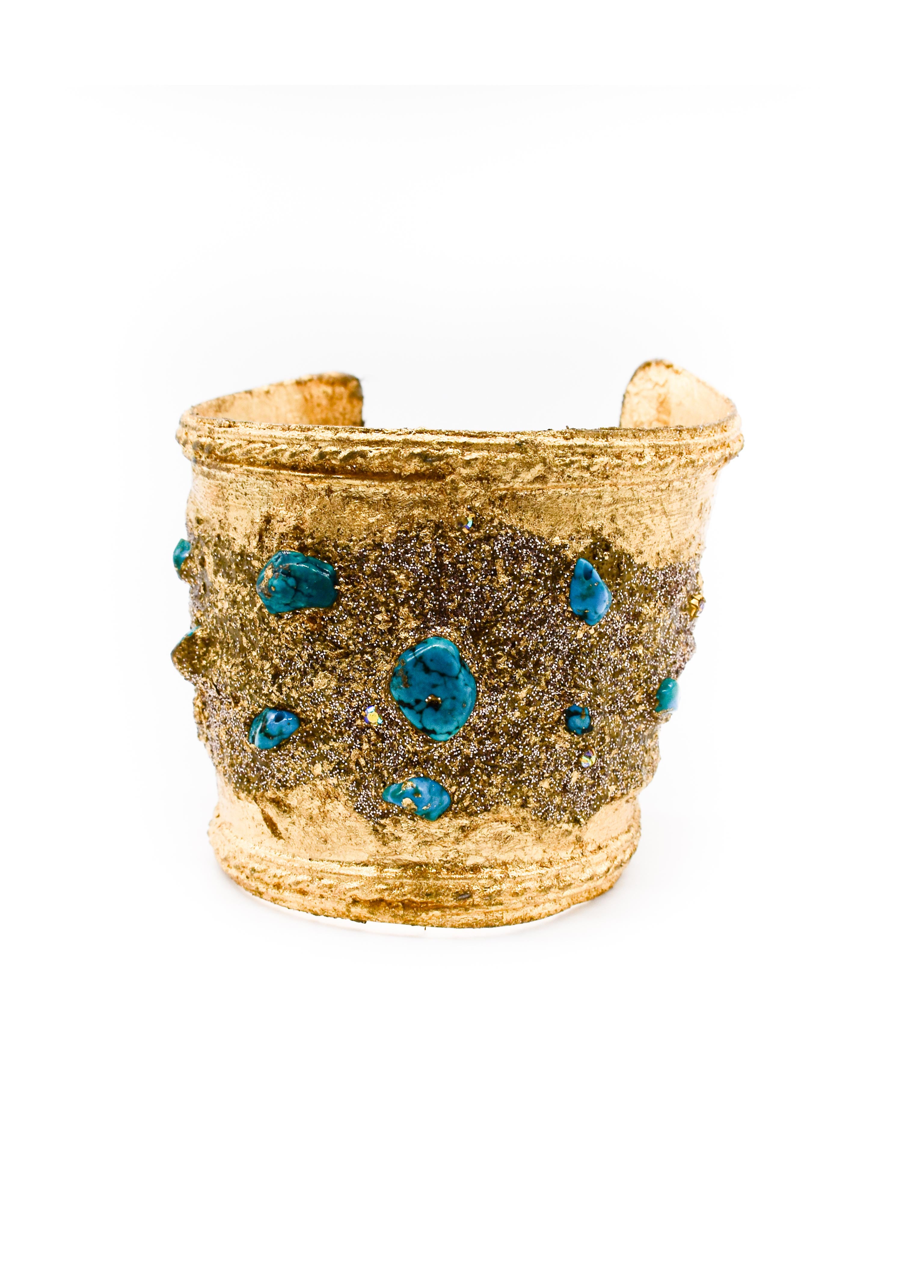 Turquoise Rock Stone and Brass Wide Cuff