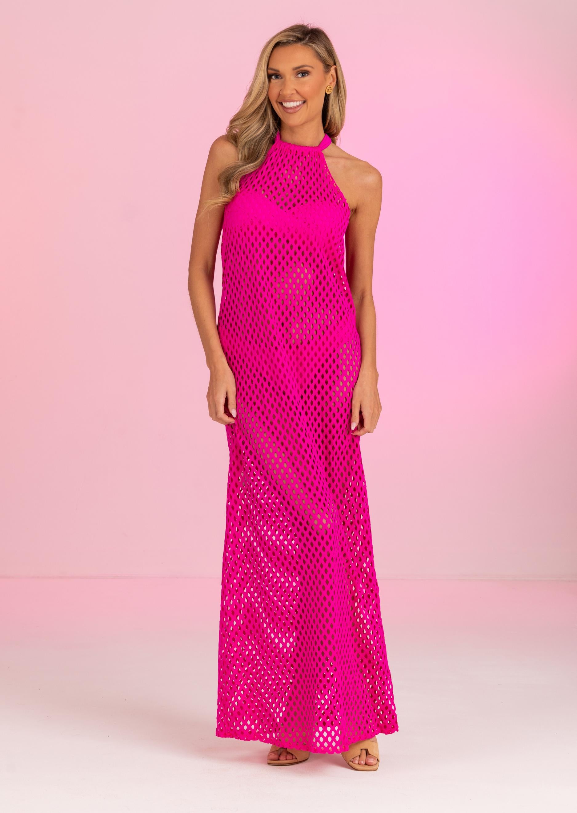 Candy Pink Long Mesh Halter Dress (439c)