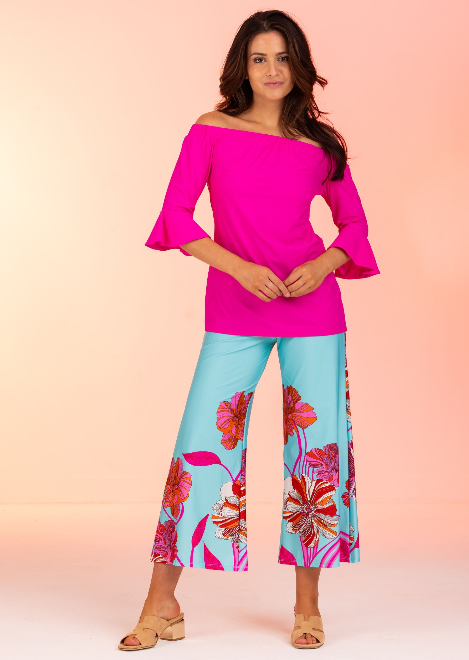 Candy Pink Off Shoulder Top with Bell Sleeve (CA-686)