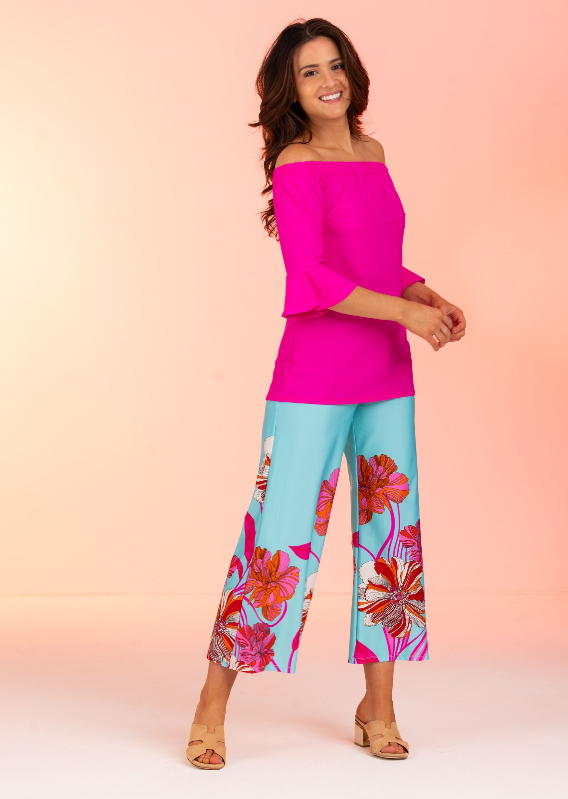 Candy Pink Off Shoulder Top with Bell Sleeve (CA-686)