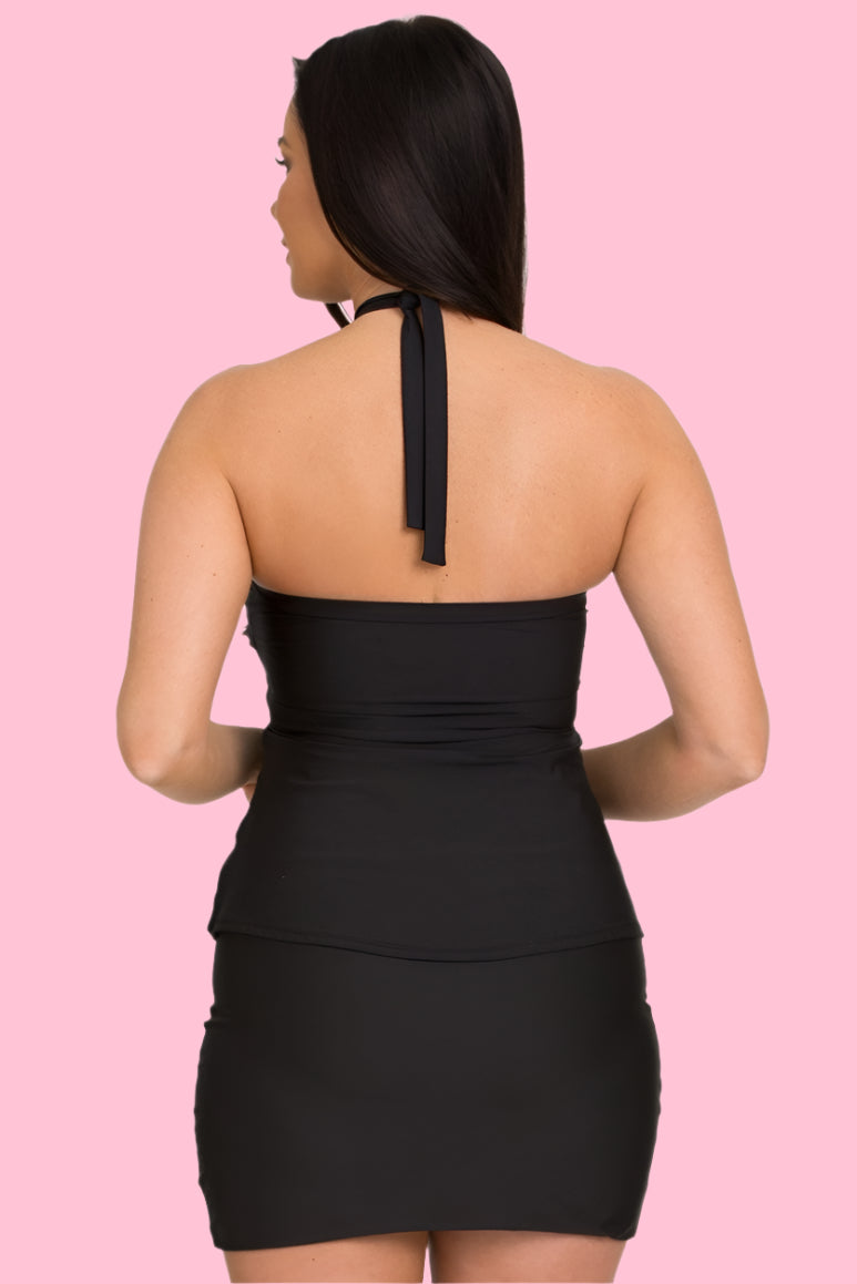 Black overlay Split Front Tankini with Neck Ties (Style 144)