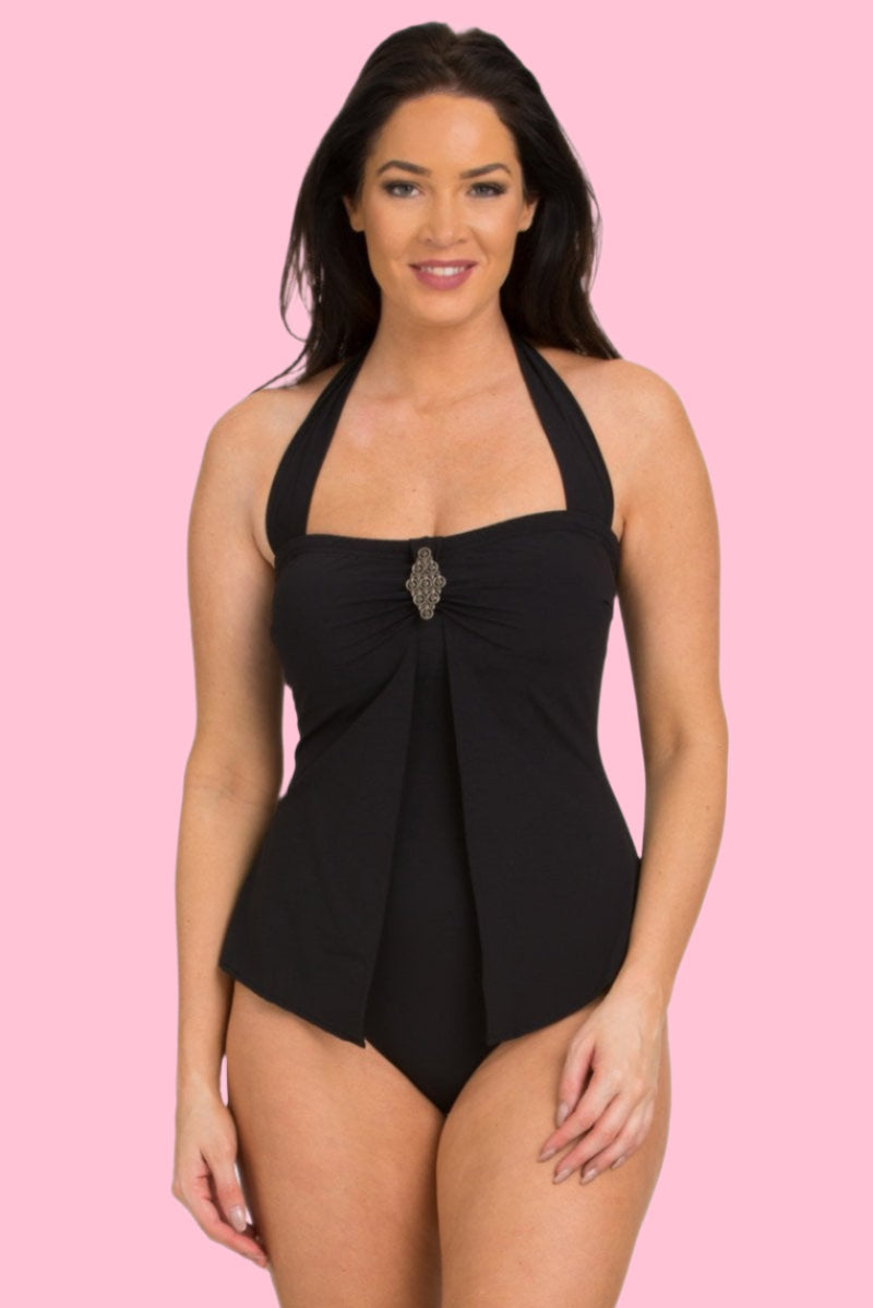 Black Wide Strap Bandeau One Piece with Overlay Flaps (354)