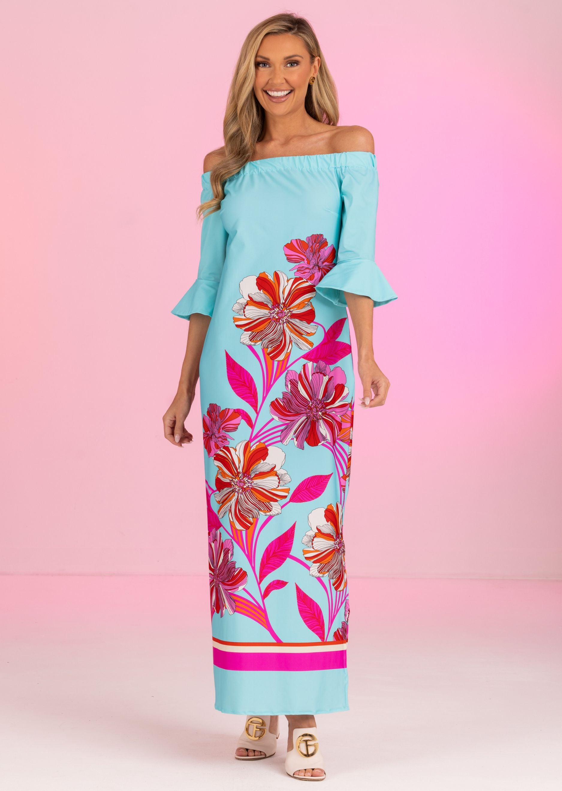 Menton Long Off Shoulder Dress with Bell Sleeve (MT-685)