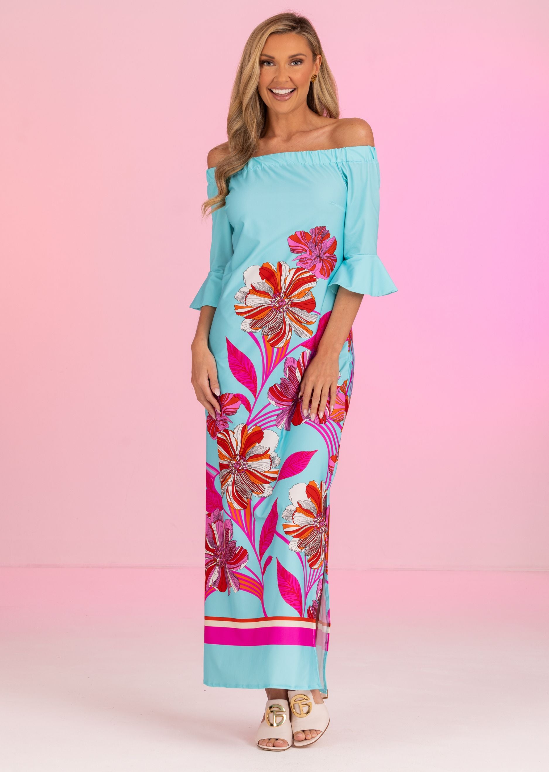 Menton Long Off Shoulder Dress with Bell Sleeve (MT-685)