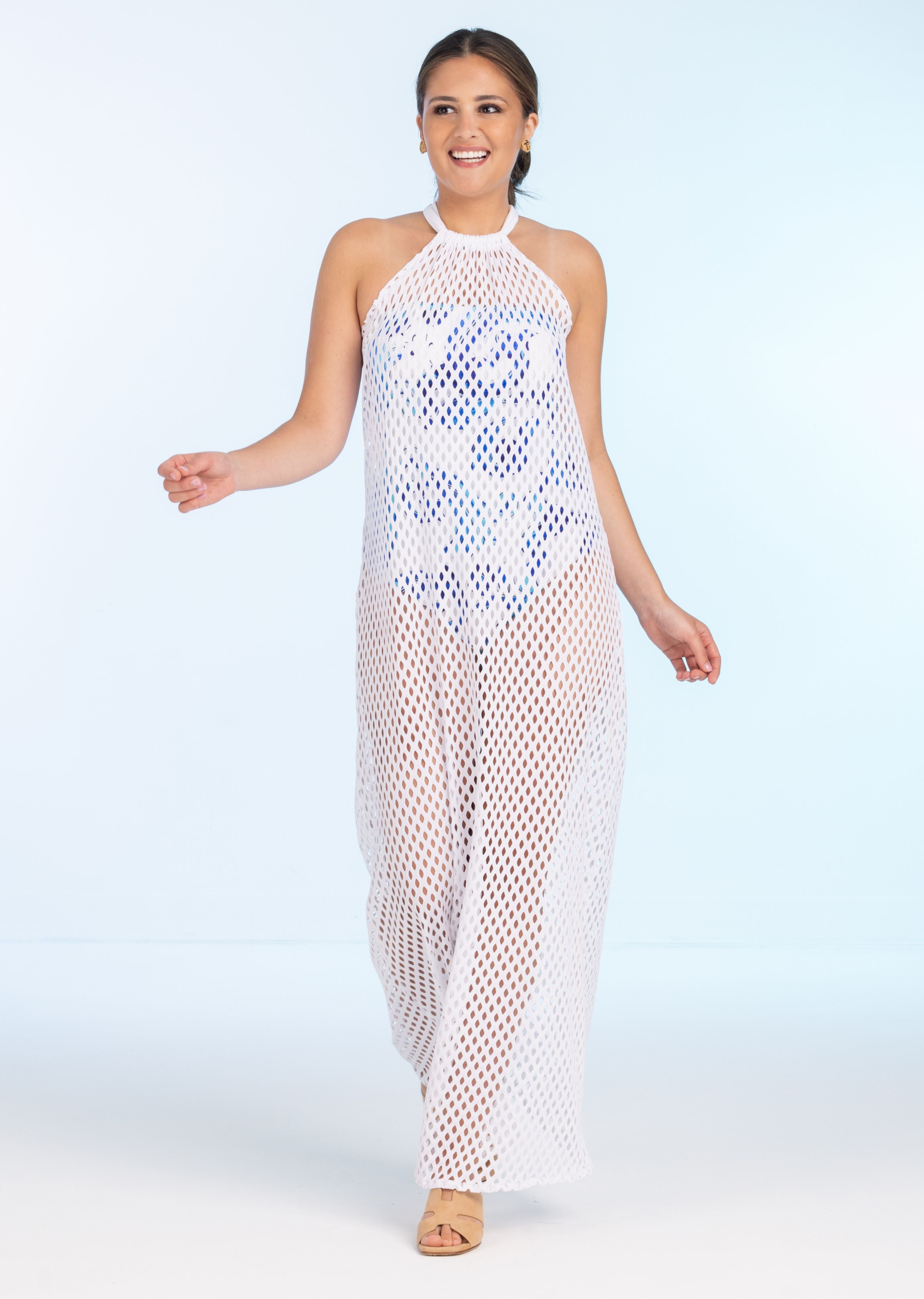 White Long Mesh Halter Dress (439c)