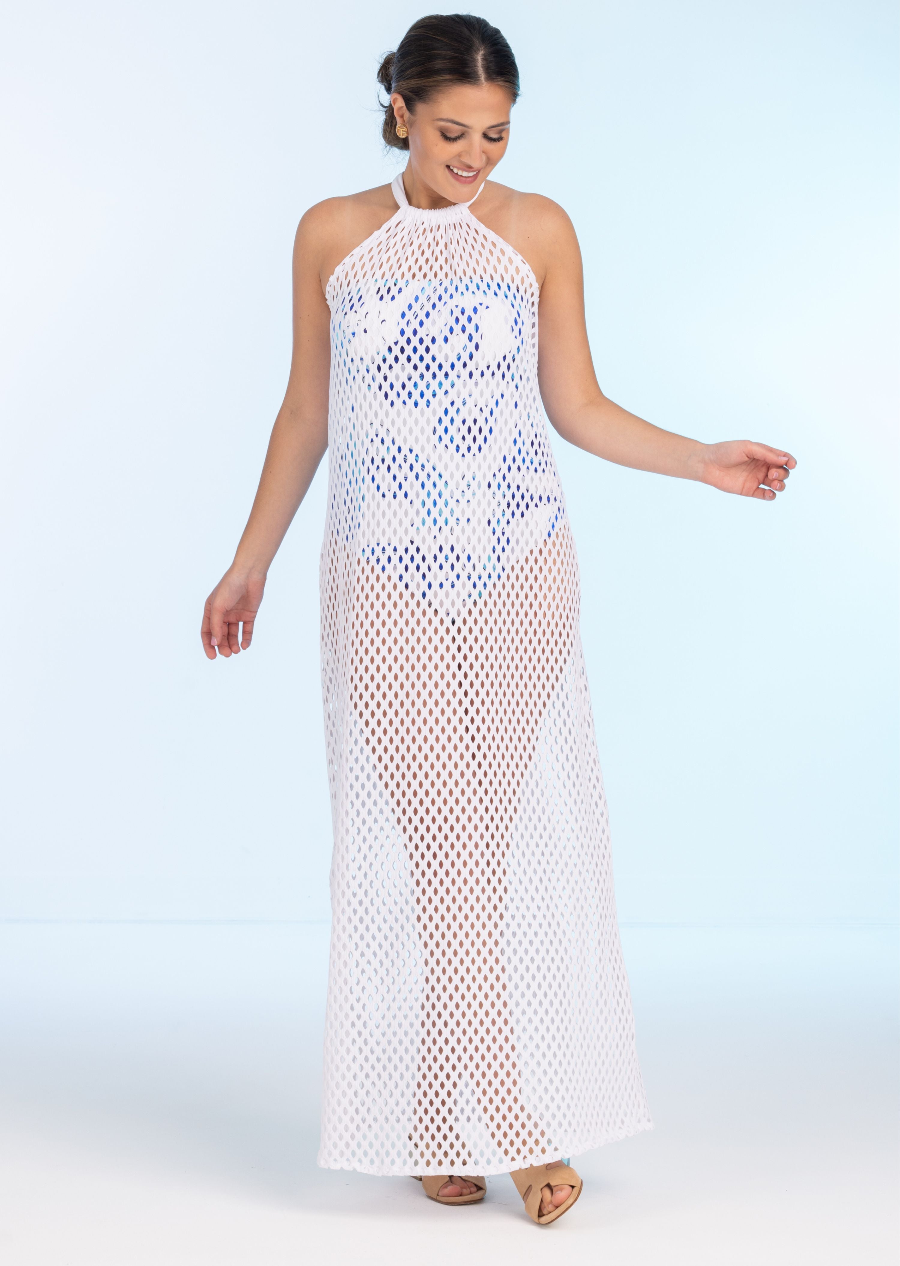 White Long Mesh Halter Dress (439c)