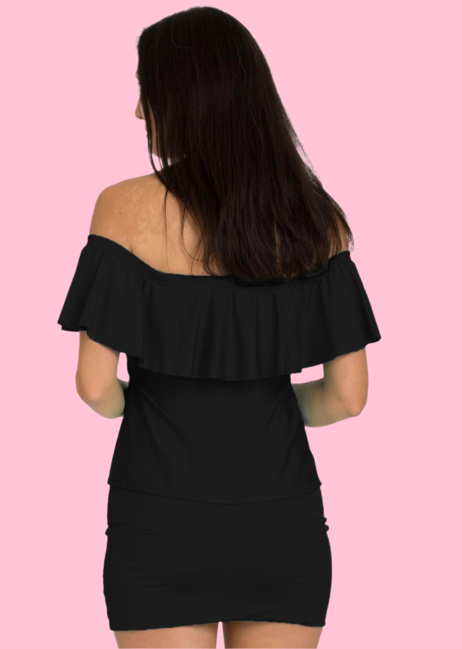 Black Off Shoulder Loose Fit Flounce Bandini (Style 176)
