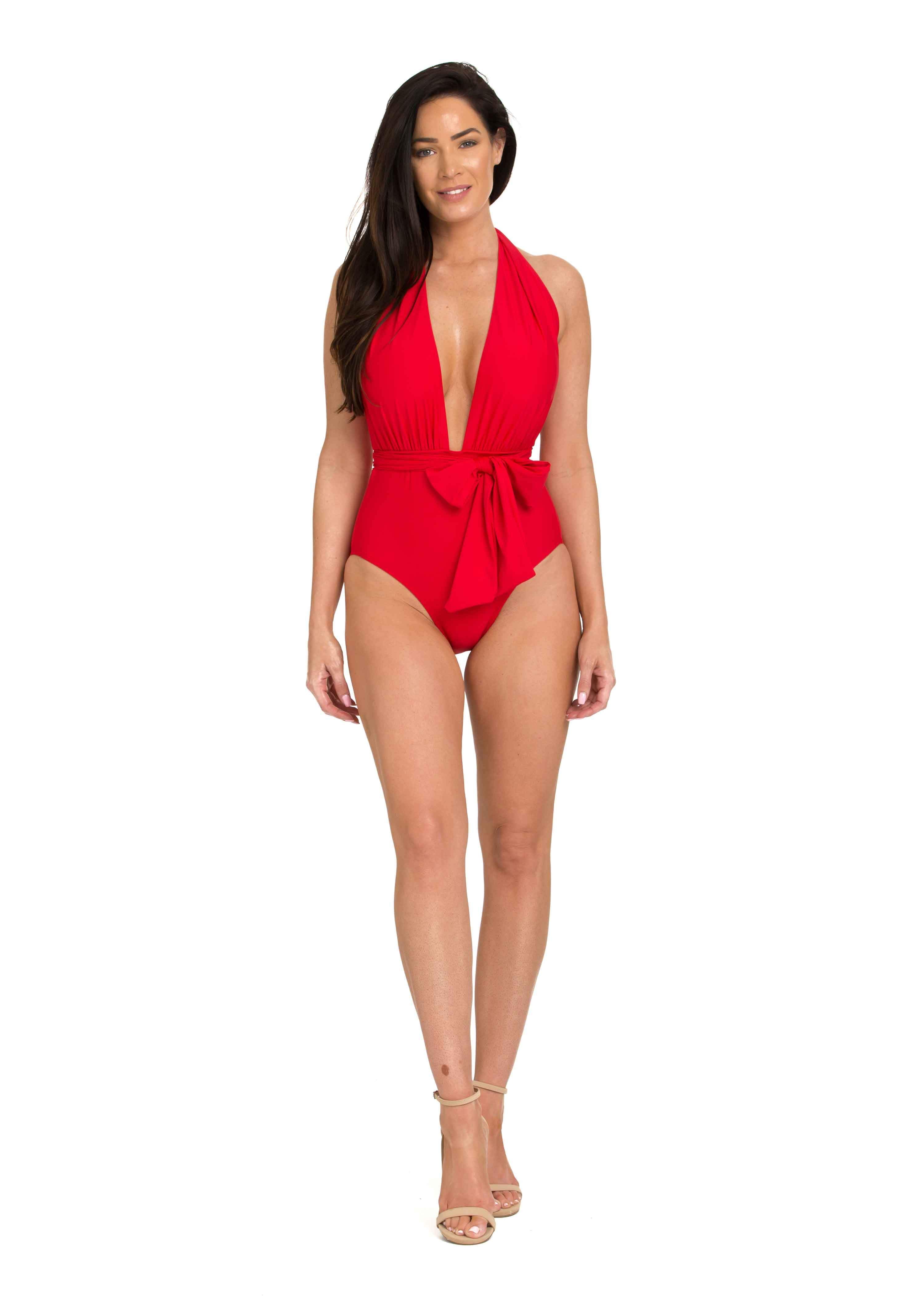 Red One Piece Plunge with Removable Belt (329)