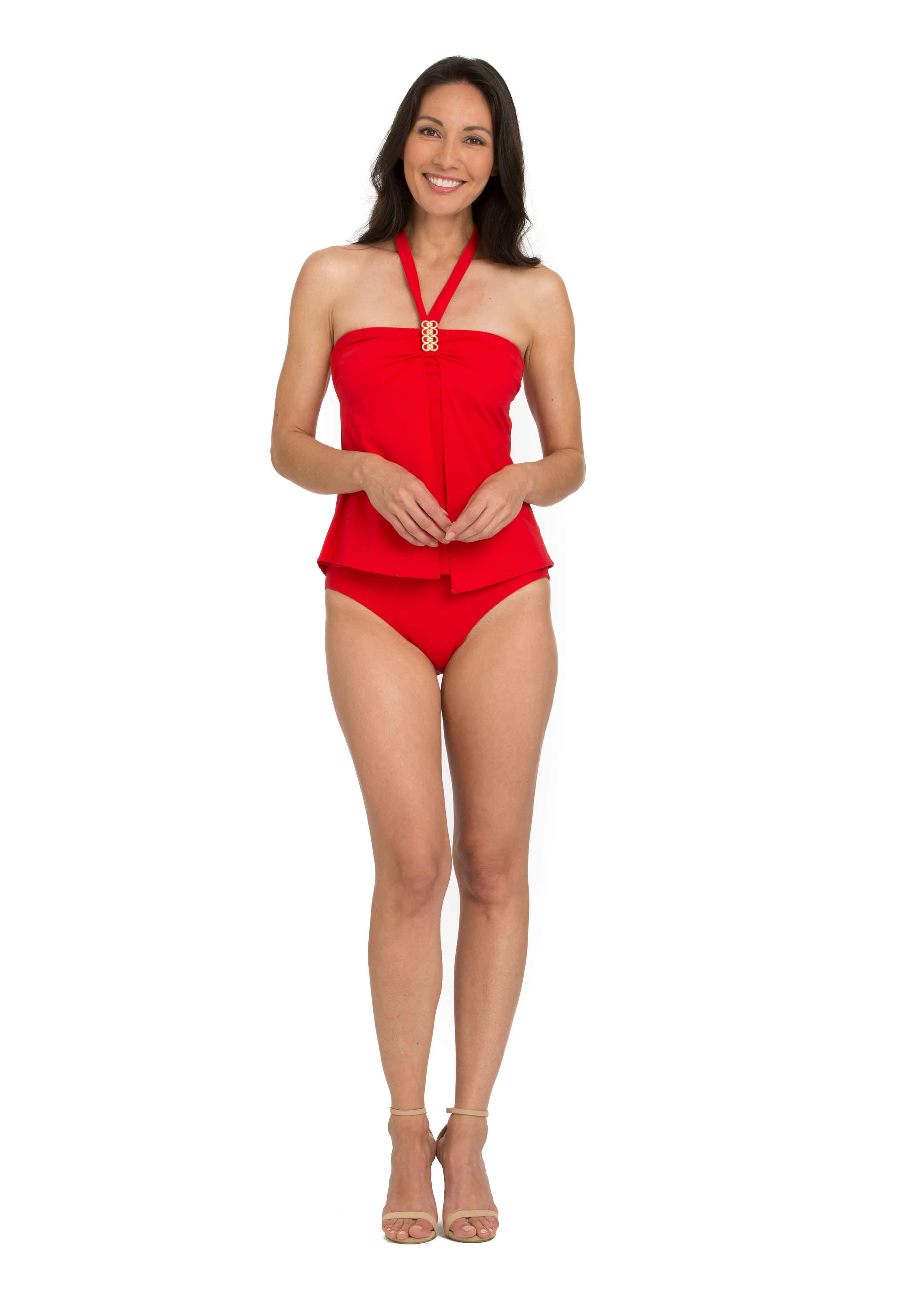 Red overlay Split Front Tankini with Neck Ties (Style 144)