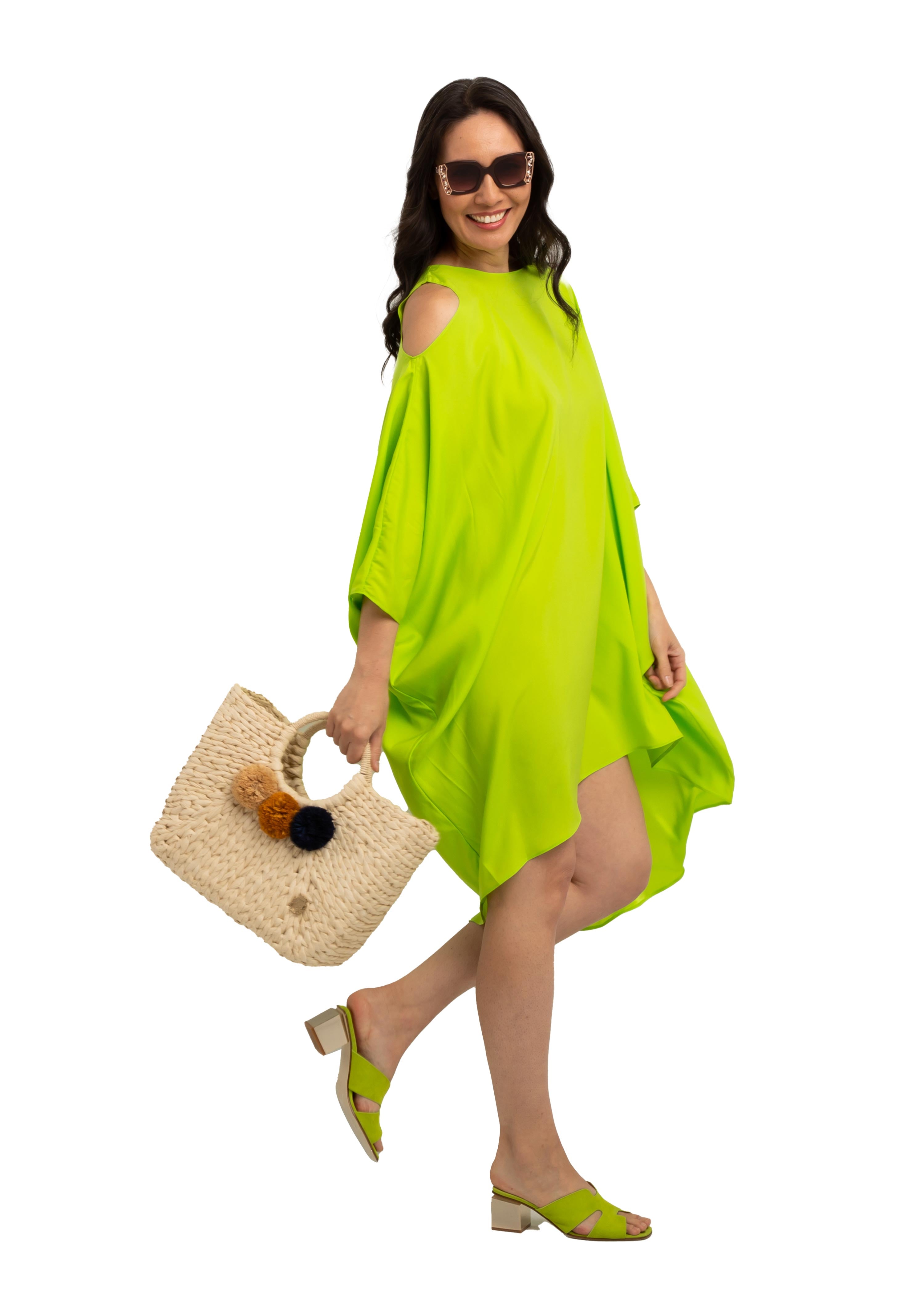 Lime Silk Cold Shoulder High Low Dress