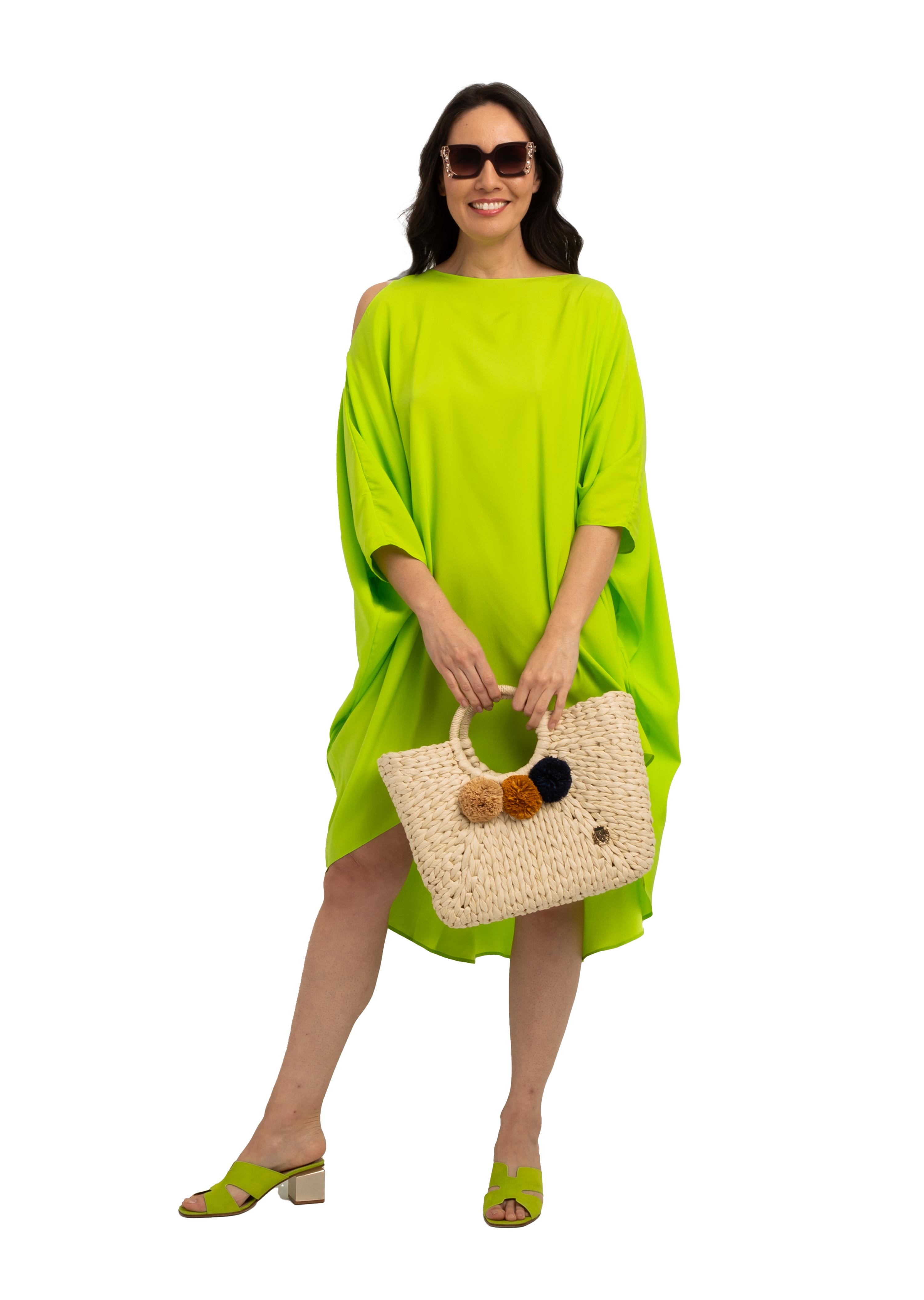 Lime Silk Cold Shoulder High Low Dress