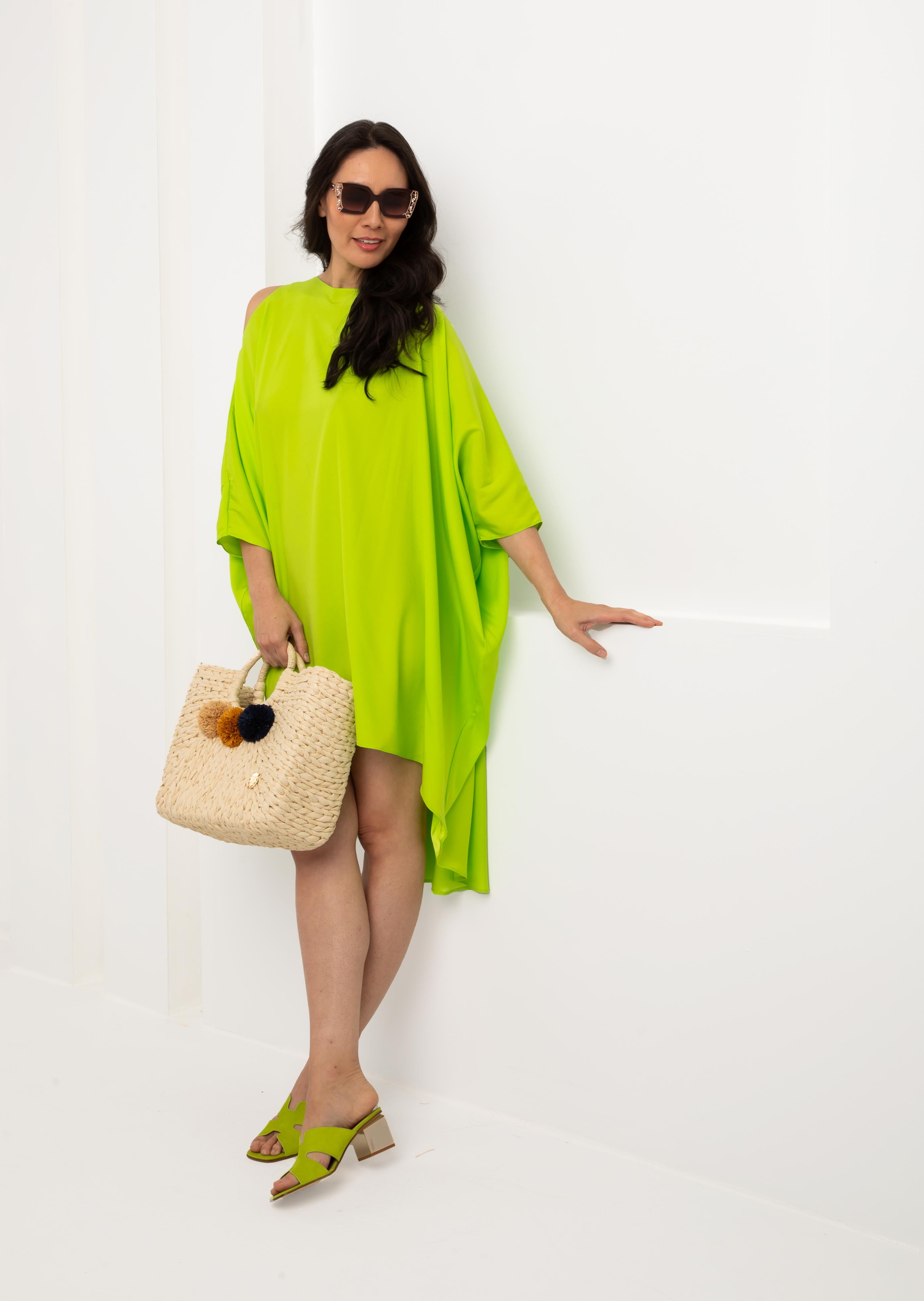 Lime Silk Cold Shoulder High Low Dress