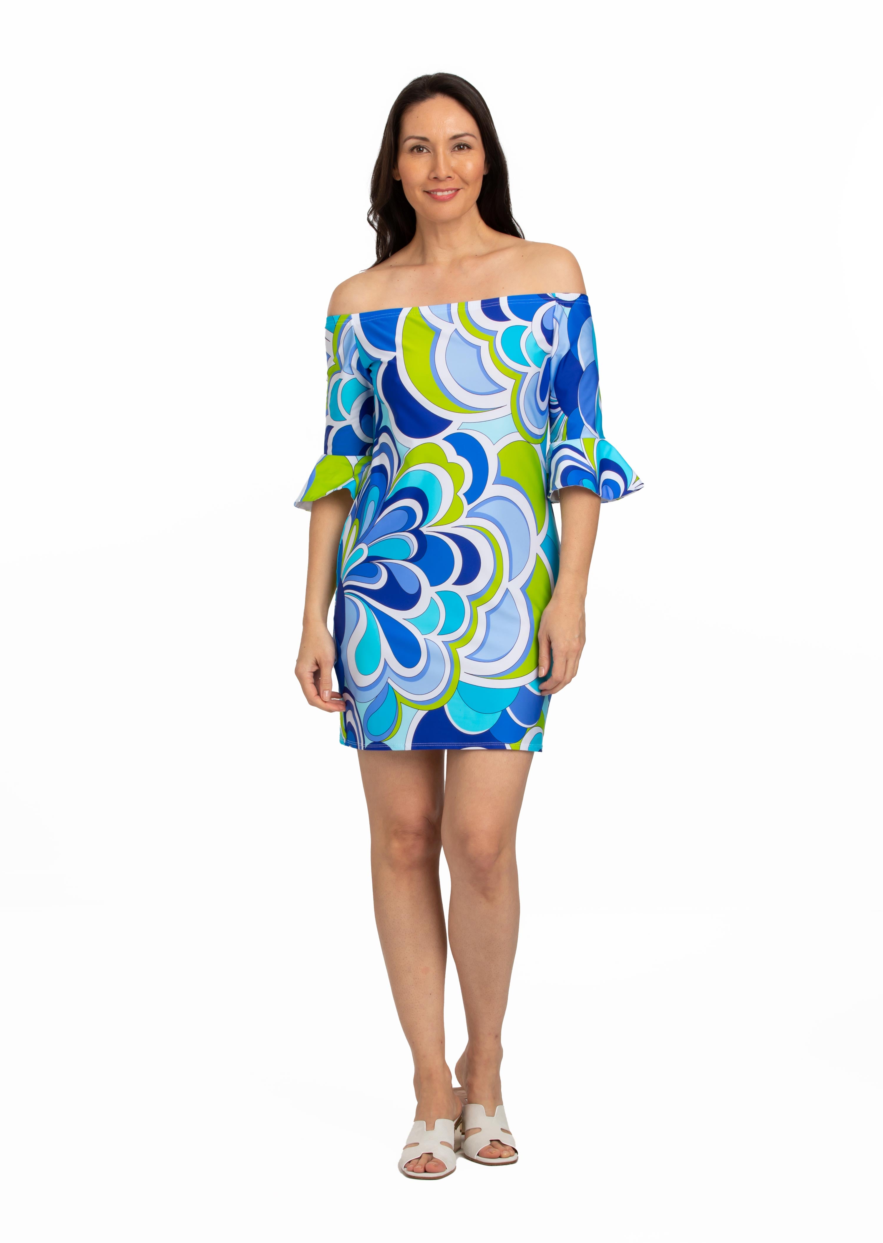 Vietri Sul Mare Off Shoulder Dress with Ruffle Sleeve (style 673) – TARA  GRINNA SWIMWEAR