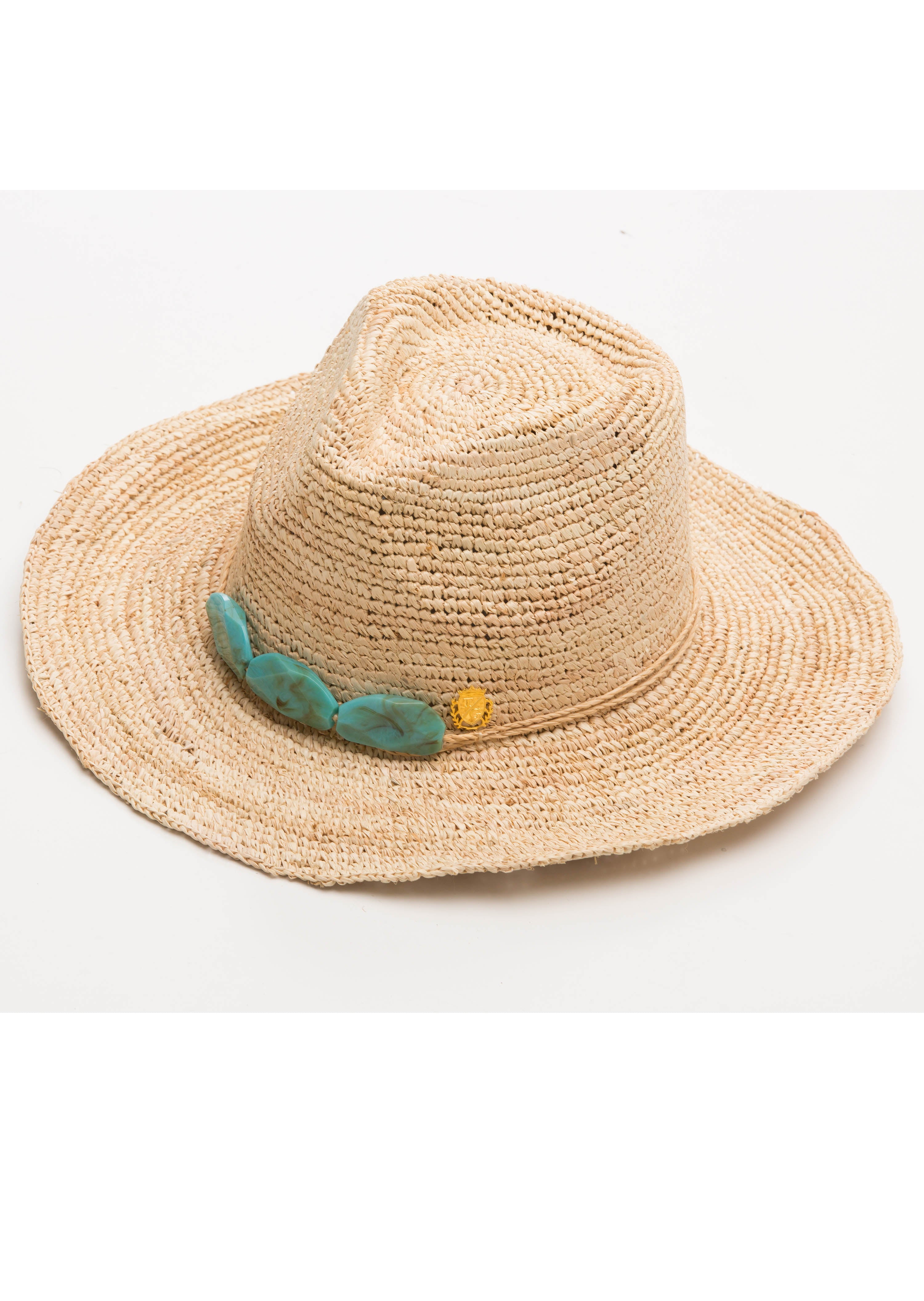 Crochet Raffia Cowboy Beaded Hat in Natural/ Turquoise, Beach Bunny