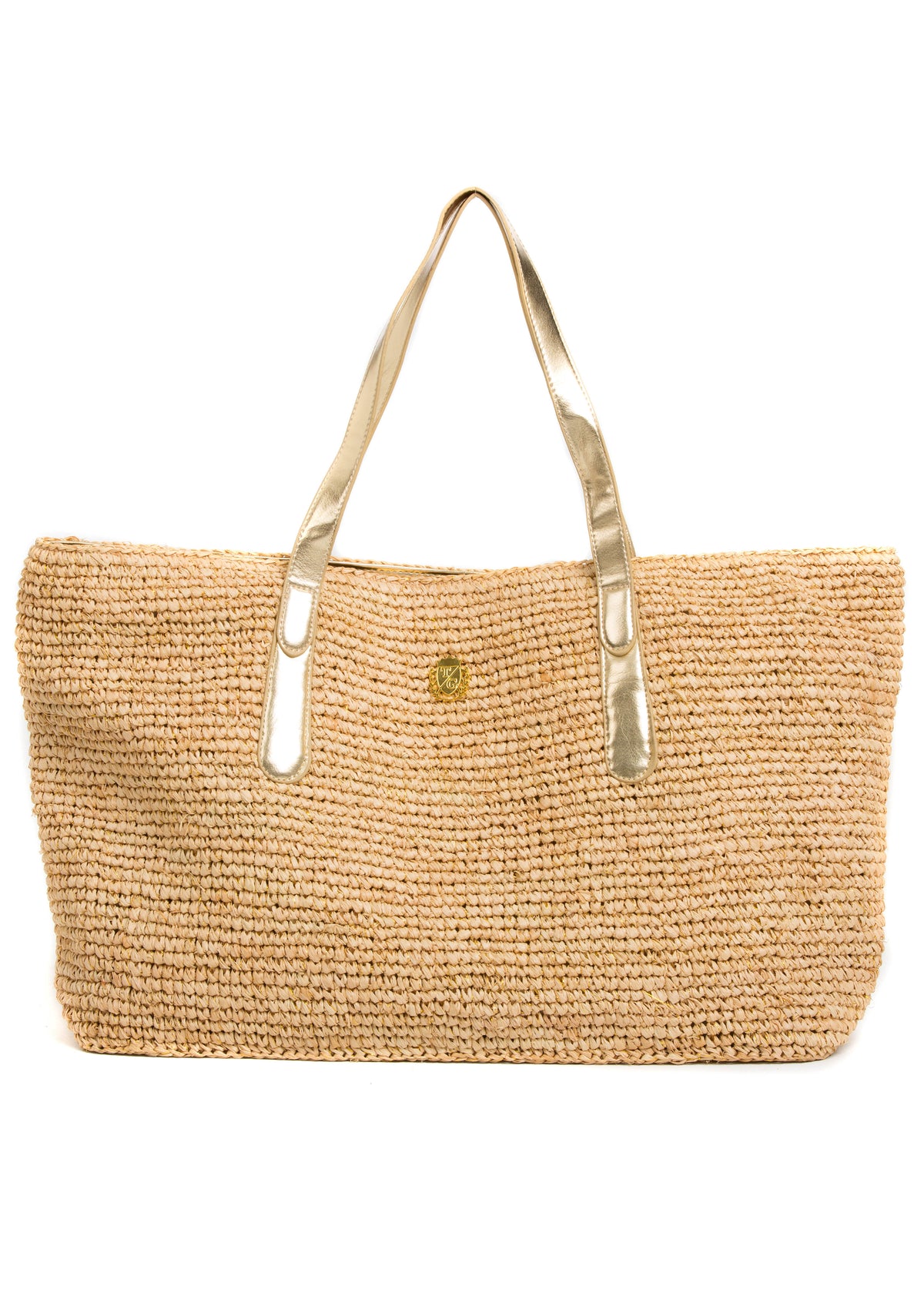 Raffia Shoulder Tote with Gold Strap